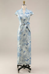 V-Neck Blue Floral Sheath Maxi Mother of the Bride Dress with Back Slit