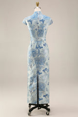 V-Neck Blue Floral Sheath Maxi Mother of the Bride Dress with Back Slit
