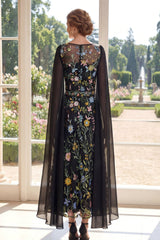 Boat Neck Black Floral A Line Long Mother of the Bride Dress with Cape