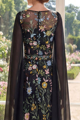 Boat Neck Black Floral A Line Long Mother of the Bride Dress with Cape