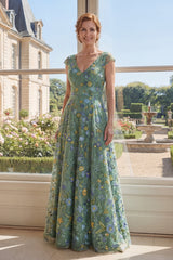 Cap Sleeves A Line Long V-Neck Green Floral Mother of the Bride Dress
