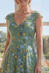 Cap Sleeves A Line Long V-Neck Green Floral Mother of the Bride Dress