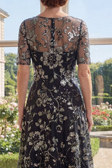 Boat Neck Sparkly Black Floral A Line Long Mother of the Bride Dress