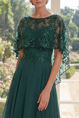 Long Appliqued Sparkly Dark Green Boat Neck A Line Mother of the Bride Dress