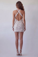 Sparkly Silver Halter Floral Beaded Tight Short Open Back Cocktail Dress