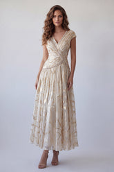 Sparkly Champagne Ruched V-Neck A Line Long Formal Dress with Beading