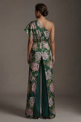 Dark Green Floral One Shoulder Long Mother of the Bride Pantsuits with Pockets