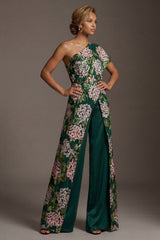 Dark Green Floral One Shoulder Long Mother of the Bride Pantsuits with Pockets