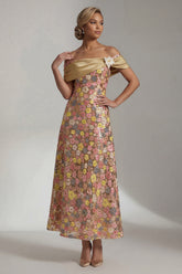 Sparkly Yellow Long Off the Shoulder A Line Mother of the Bride Dress with 3D Flower
