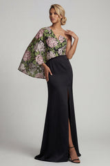 Floral Mermaid Black Long Mother of the Bride Dress with Side Cape