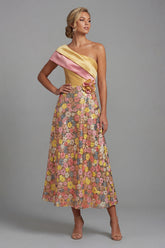 One Shoulder Sparkly Yellow Long Floral A Line Mother of the Bride Dress with Pockets
