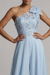 Sky Blue Floral Long One Shoulder Mother of the Bride Pantsuits with Bow