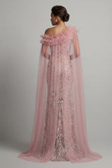Ruffled Mermaid Beaded Long Sparkly Pink Mother of the Bride Dress with Cape