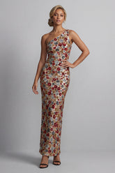 One Shoulder Floral Mermaid Sparkly Red Sequin Long Mother of the Bride Dress