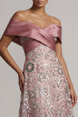 A Line Long Off the Shoulder Beaded Sparkly Pink Mother of the Bride Dress