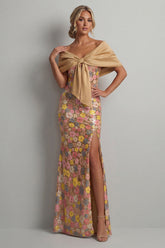 Floral Mermaid Sparkly Yellow Long Mother of the Bride Dress with Slit
