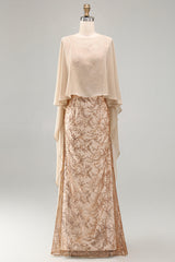 Floral Long Mermaid Sparkly Champagne Beaded Mother of the Bride Dress with Cape