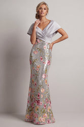 Floral Long Mermaid Sparkly Silver V-Neck Sequin Mother of the Bride Dress