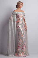 Sparkly Silver Sequin Floral Long Mermaid Mother of the Bride Dress with Cape