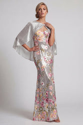 Long Mermaid Sparkly Silver Sequin Floral Mother of the Bride Dress with Cape