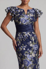 Navy Floral Sheath Maxi Mother of the Bride Dress with Ruffles