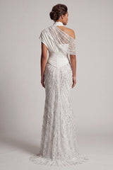 Long Sparkly White Beaded Mermaid Ruched Mother of the Bride Dress