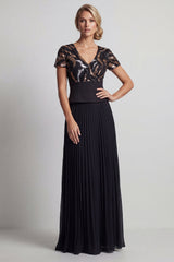 V-Neck Sparkly Black Beaded A Line Long Mother of the Bride Dress with Pleats