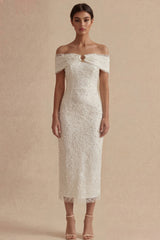 Sheath Maxi White Boho Wedding Dress with Pearls