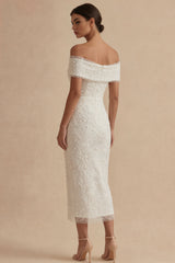 Sheath Maxi White Boho Wedding Dress with Pearls