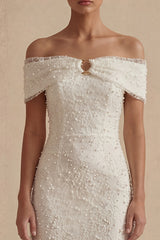 Sheath Maxi White Boho Wedding Dress with Pearls