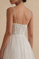 Floral Spaghetti Straps White Maxi A Line Corset Boho Wedding Dress with Lace