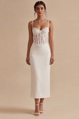 Corset Floral Sheath Maxi White Boho Wedding Dress with Lace