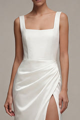 Square Neck Ruched White Maxi Sheath Beach Wedding Dress with Slit