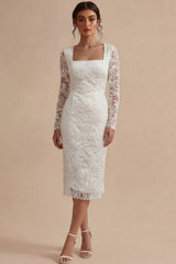 Lace Long Sleeves Floral Midi Bodycon White Boho Wedding Dress