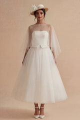 A Line Ilusion Bateau Neck White Maxi Boho Wedding Dress
