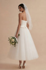 Maxi A Line Strapless White Boho Wedding Dress