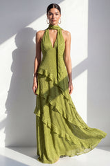 Olive Halter A Line Maxi Beach Wedding Guest Dress with Ruffles
