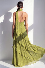 Olive Halter A Line Maxi Beach Wedding Guest Dress with Ruffles