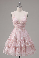 A Line V-Neck Short Floral Pink Ruched Tiered Ruffled Homecoming Dress