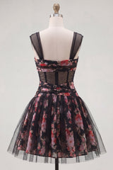 Black Pink Floral Ruched A Line Short Corset Homecoming Dress
