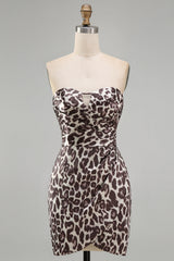 Strapless Ruched Coffee Leopard Print Tight Short Homecoming Dress