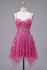 Beaded Short A Line Sparkly Fuchsia Corset Floral Homecoming Dress