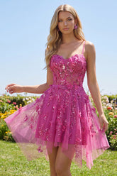 Beaded Short A Line Sparkly Fuchsia Corset Floral Homecoming Dress