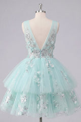 V-Neck Floral Sparkly Mint Short A Line Beaded Homecoming Dress with Ruffles