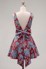 Red A Line V-Neck Floral Short Homecoming Dress with Bow