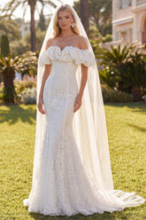 White Lace Mermaid Floral Sweep Train Boho Wedding Dress with Veils