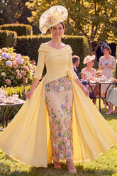 Sheath Long Butter Yellow Floral Ruched Mother of the Bride Dress with Cape