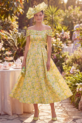 A Line Maxi Butter Yellow Floral Off the Shoulder Mother of the Bride Dress