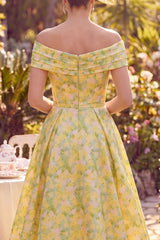 A Line Maxi Butter Yellow Floral Off the Shoulder Mother of the Bride Dress