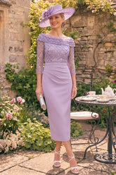 Sparkly Grey Purple Sheath Beaded Ruched 3/4 Sleeves Mother of the Bride Dress